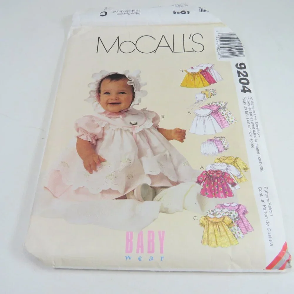 McCalls 9204 Sewing Clothing Pattern NEW BORN size Pinafore Dress, Bonnet, etc.
